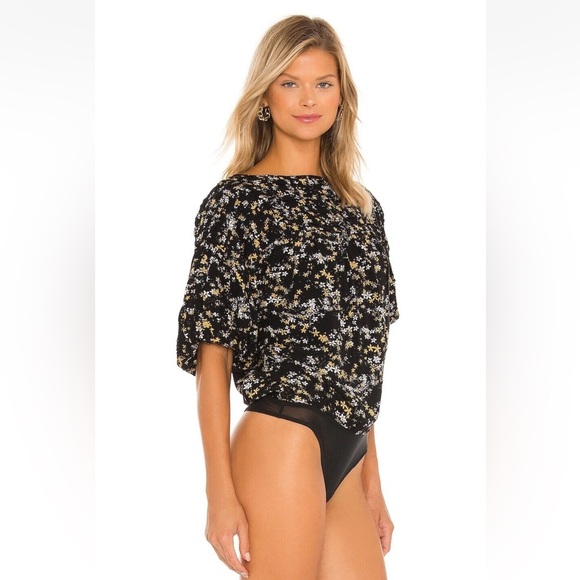 Free People Intimately Dessa Bodysuit Floral Printed Pintuck Black Top Size L - Picture 13 of 16
